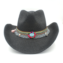 Women Men Summer Straw Sun Hat With Roll Up Wide Brim Western Cowboy Jazz Hat Dad Tassel Sombrero Beach Sunhat 2024 - buy cheap