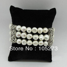 Recién llegado, blanco Natural, 8-9mm, pulsera de perlas de tres tiras de agua dulce, 7,5 '', joyería de perlas de moda, venta al por mayor, bolsa de seda gratis 2024 - compra barato