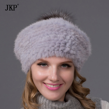 Las mujeres sombreros de invierno Natural gorro de piel verdadera nueva piel de zorro Pom pom Pom de punto de las mujeres sombrero de piel de visón genuina sombrero 2024 - compra barato