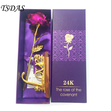 Rosa 24k folha de ouro rosa + amor base decoração para casa, flores artificiais douradas presente do dia dos namorados 2024 - compre barato