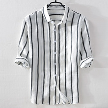 Italy brand linen men shirt casual fashion three-quarter sleeve white stripe shirts men flax turn-down collar comfortable camisa 2024 - buy cheap