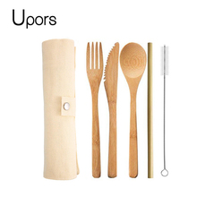 Upors bambu garfo colher faca conjunto de talheres talheres portátil talheres de madeira utensílio de viagem conjunto com saco de talheres 2024 - compre barato