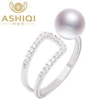 ASHIQI-Anillo de perlas naturales para mujer, joyería de plata de ley 925, perlas de agua dulce de 7-8mm, blancas, rosas, púrpuras y negras 2024 - compra barato