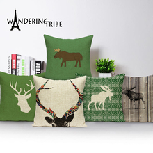 Funda de lino con estampado navideño de ciervo para almohada, cubierta de cojín de alces, decoración escandinava para sofá y cama 2024 - compra barato