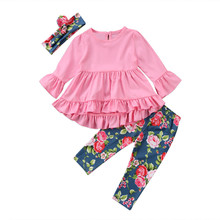 Citgeett Newborn Infant Baby Girl Pink Floral Flower Lace Falbala Ruffle Dress Headband Long Pants Outfits 2-7Y 2024 - buy cheap