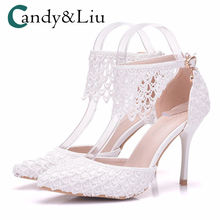 White Lace Wedding Shoes Super High Heel Pointed Toe Ankle Strap Women Sandals for Party Banquet Bridesmaid Reception Pumps 2024 - buy cheap