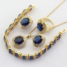 Conjuntos de joias de noiva com pedras azuis escuro, cores douradas, para mulheres, brincos, colar, pingente, pulseira, caixa de presente grátis, wpatkys 2024 - compre barato
