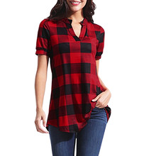 2019 Womens Tops Blouse V Neck Vintage Plaid Short Sleeve Shirt Women Clothes Streetwear Tunic Ladies Top Fashion Clothing Mujer 2024 - buy cheap