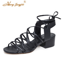 Black Pu Cross-Strap Sandals For Woman 2021 Summer Women’S Office Party Leisure Chunky Heel Sandal Female Lace Up Casual Shoes 2024 - buy cheap