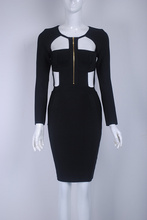 2017 New Chic Sexy Hollow Out Front Zipper Women Celebrity Party Black Bandage Dress Long Sleeve 2024 - buy cheap