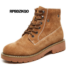 Camurça Castanho Botas De Tornozelo Casual Lace-up Botas Outono Combate 2018 Cair Curto Sapatos Toe Redondo Senhoras Mulheres Chunky Salto Baixo Militares Chineses Moda Damas Novas 2024 - compre barato