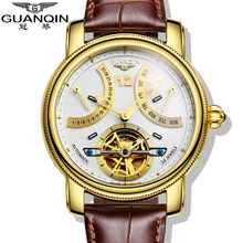 2016 роскошные брендовые автоматические механические часы GUANQIN, мужские водонепроницаемые светящиеся часы с турбийоном, часы с календарем, кожаные золотые наручные часы 2024 - купить недорого