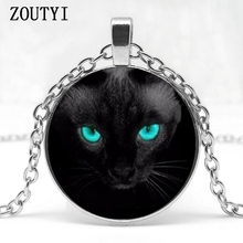 2018/ hot sale, blue eyes black cat glass necklace glamour art picture round necklace pendant, black charm necklace. 2024 - buy cheap