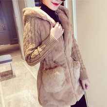 2021 New Women Hooded Loose Fluffy Knitting Stitching Plush Jacket Coats Warm Outerwear Coat  Ladies Casual Cute Coats 2024 - buy cheap