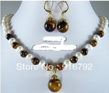 free shipping >>>>Fashion Set White freshwater Pearl & Tiger eye Stone Necklace Earring 2024 - buy cheap