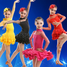 Children Kids Girls Long Sleeve Tango Dance Dress Sequin Sexy Lace Yellow Hot Pink Black Red  Ballroom Tango Dresses 2024 - buy cheap