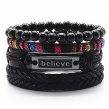 Believe Ethnic Multilayer Feather Cross Beads Rope Wrap Woven Rivet Leather Men Bracelets Women Fashion Bangle male Jewelry 2024 - buy cheap