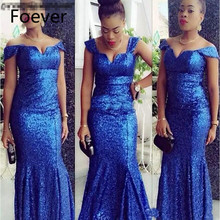 Vestido de noite azul brilhante nigeriano, vestido noturno longo, estilo africano, com lantejoulas, ombro de fora 2024 - compre barato