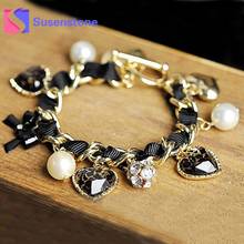 2019 Unique Design Black Chain Bracelets Charm Leopard Heart Pearl Bow Crystal Handmade Bracelets Gift Womens Jewelry Wholesale 2024 - buy cheap