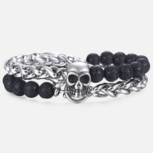 Pulseira masculina com pingente de caveira, bracelete de camada dupla de aço rolo de trigo com fecho preto de contas, joias masculinas 8mm hdb183 2024 - compre barato