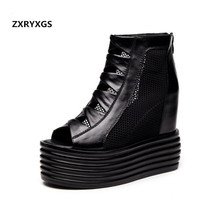 2021 Fish Mouth Cowhide Mesh Cool Boots Summer Leather Sandals Platform Shoes Wedges Women Shoes High Heel Sandals Roman Shoes 2024 - buy cheap