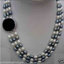 Free shipping hot sale Jewelry 3 Rows Oval White / Black Pearl Necklace 2024 - buy cheap