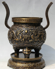 USPS to USA S2542 18" Old Marked Chinese Copper Two Dragon Play Bead 3 Foot Incense Burner Censer 2024 - buy cheap