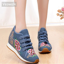 Veowalk Hidden Platforms Women Floral Embroidered Canvas Flat Sneakers Vintage Autumn Ladies Comfort Denim Cotton Travel Shoes 2024 - buy cheap