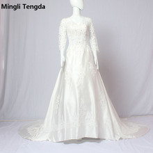 Mingli Tengda Design Custom Made Wedding Dresses 3/4 Sleeve Dresses Royal Train Wedding Dress Beaded V-Neck Satin Bridal Gown 2024 - buy cheap