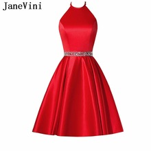 JaneVini Simple Red Satin Beaded Short Bridesmaid Dresses with Pockets A Line Halter Backless Girls Homecoming Dress Plus Size 2024 - buy cheap