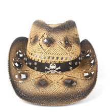 Marca do punk Palha Oco Ocidental Cowgirl Cowboy Hat Mulheres Homens Handmade Fedora Sombrero Hombre Praia Jazz Chapéu de Sol Tamanho 56 -58 CM 2024 - compre barato