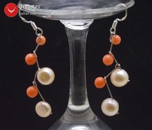 Qingmos Pink Flat Round Pearl Earrings for Women with 7-8mm Side Drilled Natural Pearl and Pink Coral Dangle 2'' Earring-ear623 2024 - buy cheap