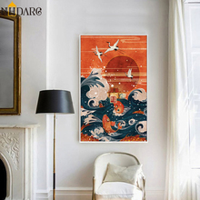 Cuadro artístico impreso sobre lienzo, póster de estilo japonés, pintura de paisaje, Ola, grúa, Sol Rojo, imágenes de pared para decoración del hogar y la sala de estar 2024 - compra barato