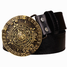 Personality Aztec gold belt metal buckle round solar calendar men's leather belts punk rock belt women jeans belt hip hop girdle 2023 - buy cheap