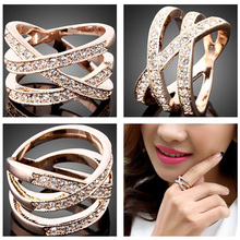 Anel de cruz dupla, anel com elementos da moda em cristal austríaco de cor rosa, joias femininas 2024 - compre barato