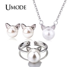 UMODE-pendientes y collar con forma de oreja de gato para mujer, juego de collar y anillo con perla blanca, cadena de eslabones, aus-0052 2024 - compra barato