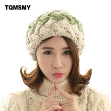 Fashion winter berets for women knitted wool flat caps french style vintage real rabbit fur ball beanie Hat ladies classic beret 2024 - buy cheap