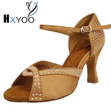 HXYOO-zapatos de baile latino con diamantes de imitación para mujer, calzado de baile de Salsa y Tango, tacón ancho de 8 cm, color marrón, personalizado, ZC24 2024 - compra barato