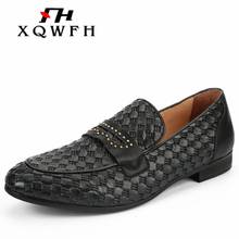 Black Woven Leather Men Shoes Fashion Slip On Male Handmade Loafers Italy Style Men's Smoking Slippers Flats 2024 - buy cheap