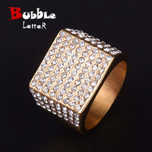Men's Stainless steel Gold Color Rings Fashion Hip Hop Jewelry Iced Bling Rhinestone Crystal Square Punk 2024 - buy cheap