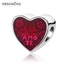 Real 100% 925 Sterling Silver Charm Bead Latin Love Heart Transparent Cerise Enamel Charms Fit  Bracelets Women Jewelry 2024 - buy cheap