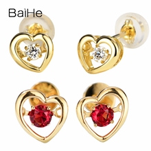 BAIHE Solid 14K Yellow Gold 0.10ct Round Natural Diamonds Trendy Fine Jewelry Ruby Earrings Heart Stud Earrings Women Brthday 2024 - buy cheap