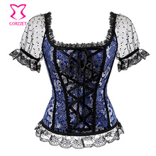 Blue Floal Satin Sexy Lolita Corset With Lace Short Sleeves Victorian Overbust Bustier Gothic Clothes Plus Size 6XL Corseletes 2024 - buy cheap