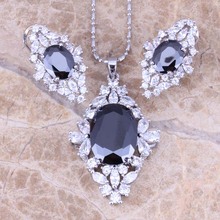 Glaring Black Cubic Zirconia White CZ Silver Plated Earrings Pendant Necklace Jewelry Sets S0801 2024 - buy cheap