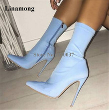 New Fashion Women Sexy Pointed Toe Stiletto Heel Short Boots Grey Blue Suede Leather Bandage Elastic High Heel Ankle Boots 2024 - buy cheap