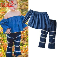 R&Z Children's Set 2019 Spring and Autumn New Girls Set Europe and America One-shoulder Denim Tops Gradient Jeans Two-piece Set 2024 - buy cheap