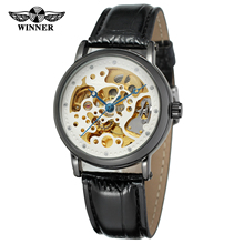 Relógio mecânico automático winner, relógio de luxo com estampa estilo chinês, design de esqueleto, couro marrom 2024 - compre barato