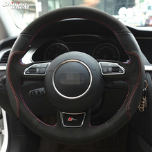 BANNIS Hand-stitched Black Suede Black Holes Leather Car Steering Wheel Cover for Audi A1 A3 A5 A7 2024 - buy cheap