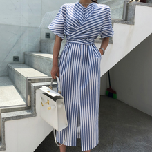 Korean Women Summer Cotton Blue Striped Bandage Split Long Dress Female Long Bodycon Plus Size Vestido Robe Femme Ete Sukienki 2024 - buy cheap