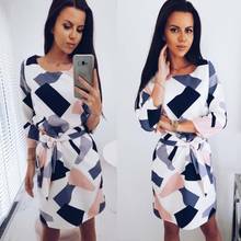 2018 Geometric Printed Sashes Pockets Autumn Dress Woman Three Quarter Sleeves O-Neck Fall Casual Loose Straight Mini Dresses 2024 - buy cheap